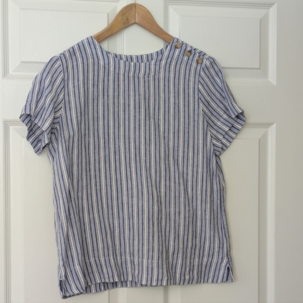 Lands End 100% Linen Blouse Top Blue & White Striped Top Size Small Like New